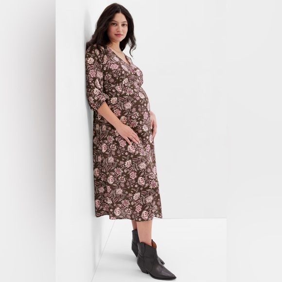 Gap Maternity Wrap dress midi style floral brown XL 100% Viscose - Picture 4 of 10